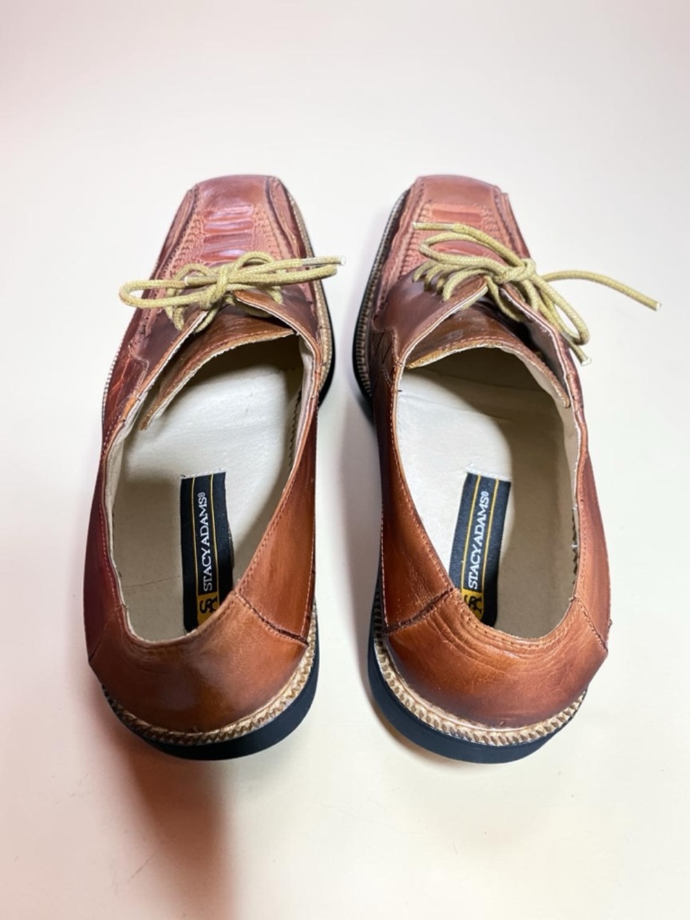 Stacy Adams Brown Cognac Croc Embossed Leather Oxford Shoes Mens 9.5M Square Toe - Picture 8 of 12